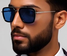 Aviator Sunglasses Blue Lens Square Silver Frame Street Wear Driving Casual New