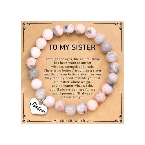Pink Natural Stone Silver Heart Charm Bracelet for Mama Daughter Sister Best Fri - Picture 1 of 2