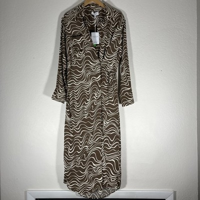 & Other Stories Faux Wrap Midi Dress Brown Abstract Print Long Sleeve Size 10