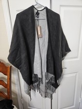 Modena Warm Poncho Shawl Shoulder Throw Cape Reversible. Black Gray Fringe NWT