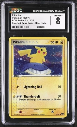 CGC 8 Pikachu POP Series 5 Holo 12/17 Inverted Back Error SWIRL Pokemon Card