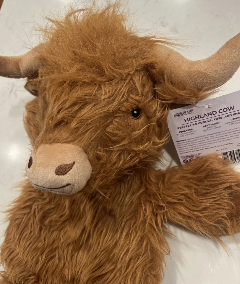 Multipet Highland Cow Flat Dog Toy w/Squeaker & Crinkle Body, Brown, New 17” - Image 2 of 4