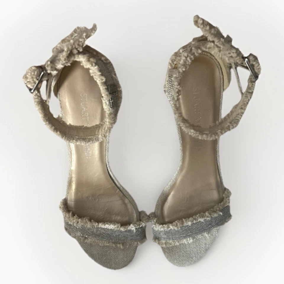 Sandalias Stuart Weitzman Nudistchains de lona dorada bloque de tweed EE. UU. 8 M Foto 3 de 4