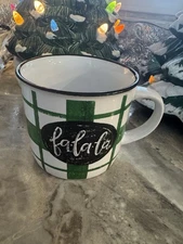 Vintage Look Fa La La Green Plaid Mug Christmas Ceramic Sleigh Bell Bistro