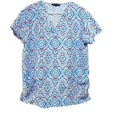 Cassandra O Medical Scrub Top Size L Blue Red White Mandala Pattern V-Neck