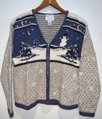 Christopher & Banks Woman's Sweater Full Zip Winter Snow Night Scene Embroidered