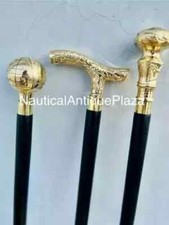 Antique Vintage Designer Brass Handles Victorian Wooden Cane Stick Lot of 3 Gift