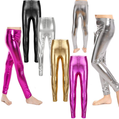 Pantaloni magri elasticizzati metallizzati lucidi bambine ginnastica leggings discoteca - Foto 1 di 27