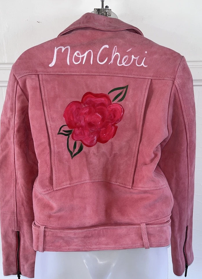 Kenneth Cole Cabra Gamuza Coral Rosa Pintado Cuero Chaqueta Moto Motocicleta Talla XS Foto 2 de 4