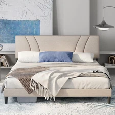 Queen Bed Frame, Upholstered Platform Bed Frame with Adjustable Headboard, Wood