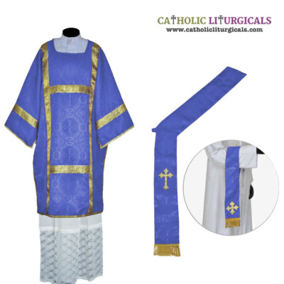 New BLUE Dalmatic Vestment with Deacon's stole & maniple, Roman Dalmatic
