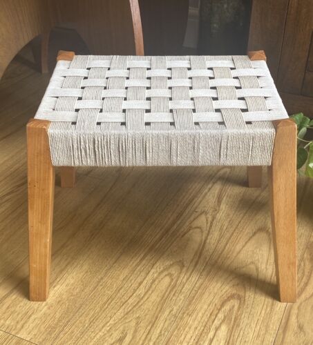 Vintage Mid Century Modern Woven Top Beechwood Footstool / Plant stand MCM - Picture 1 of 15