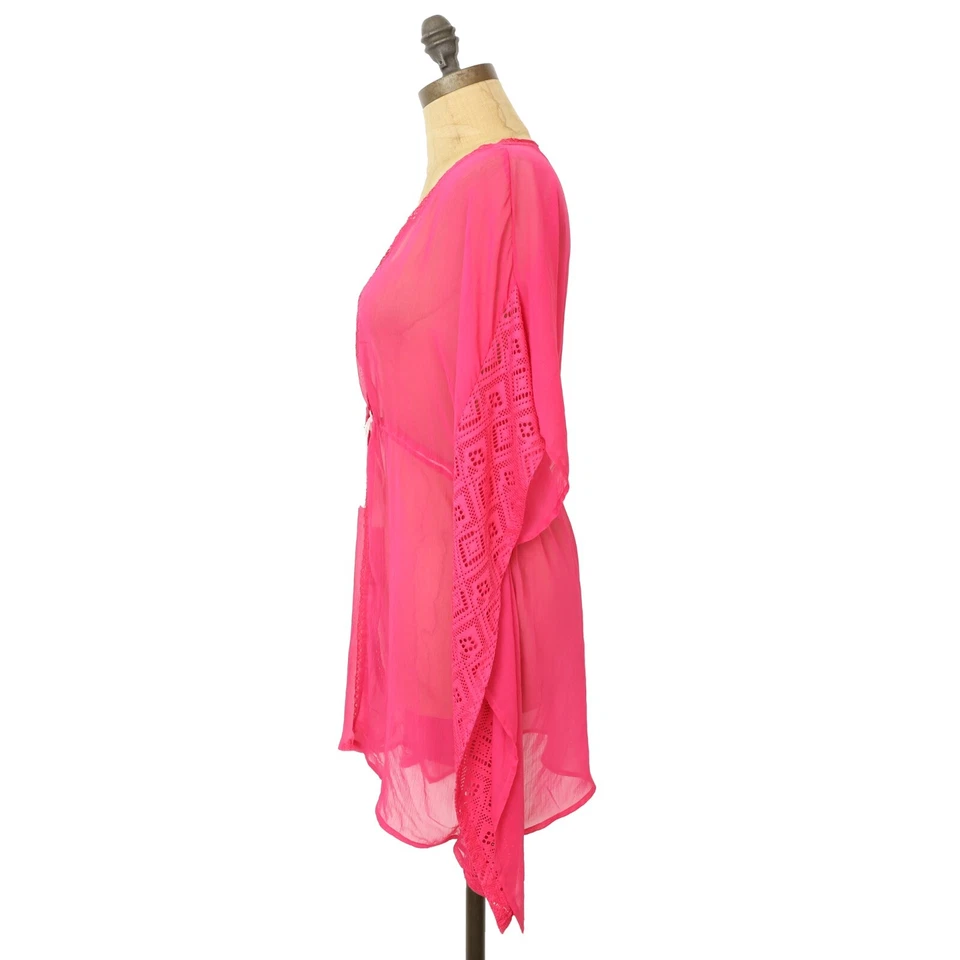 MIKEN Kimono Swim Cover-Up M Tassel Belt Sheer Chiffon Hot Magenta Pink EUC B80 - Image 4 of 4