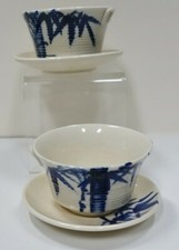 55z38 2 vintage JAPANESE POTTERY BOWLS & under plates, HAND PAINTED blue & white