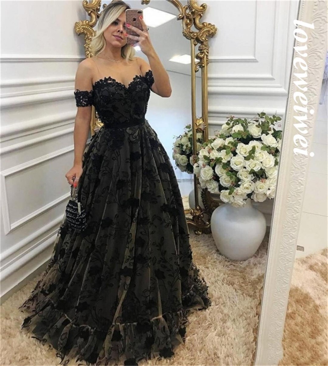 Gothic Black Sweetheart Prom Dresses Off Shoulder Evening Dress Lace Party  Gowns