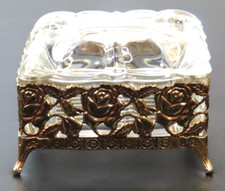 Vintage Glass  Brass Jewelry Vanity Trinket Box Rose Design