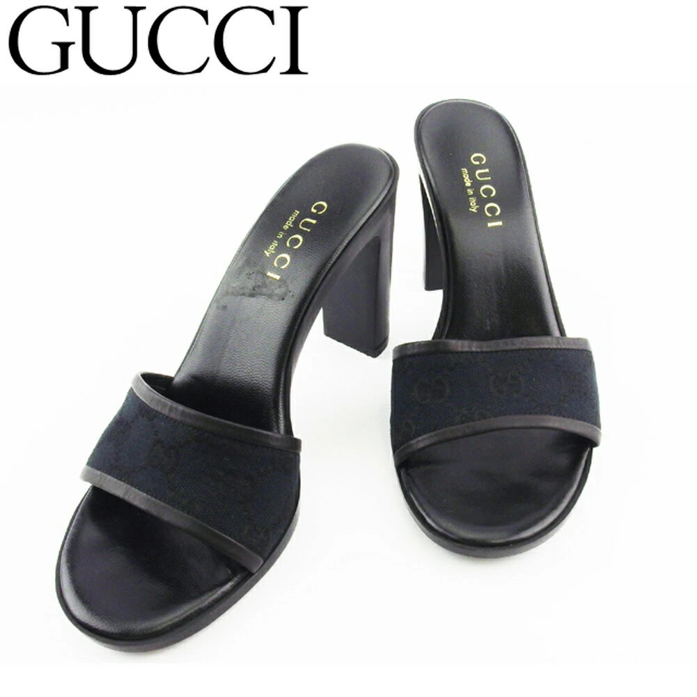 GUCCI Sandals GG Canvas #36C Chky Heel Black Men's Brand High Brand Vintage