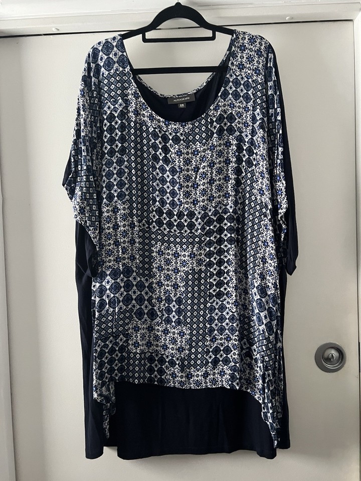 Autograph Navy/White Geometric Scoop Neck Short Sleeve Tunic Top Plus 26