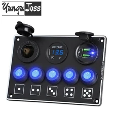 5 Gang Toggle Ignition Switch Panel Voltmeter Dual USB 12V for Marine Truck Car