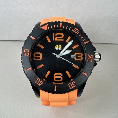 40NINE 46mm Quartz Watch with Black Dial and Orange Silicone Rubber Strap