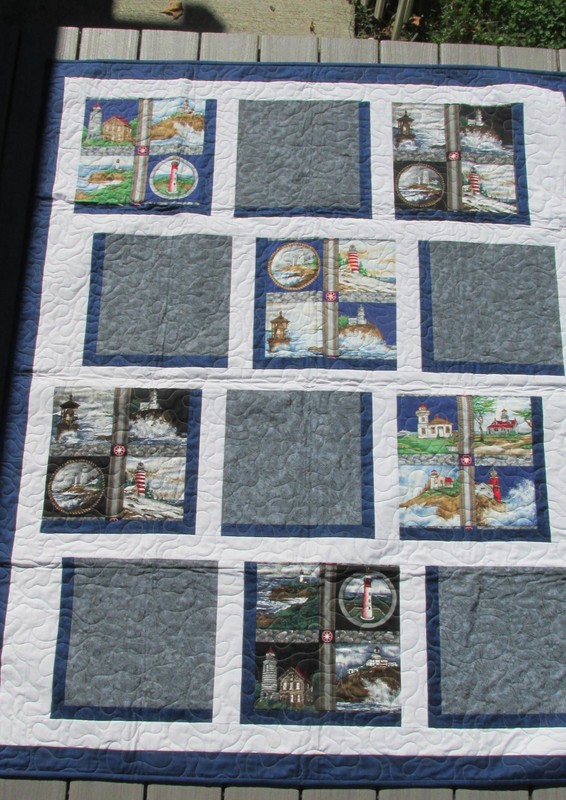 New Hand Made Blue, Gray & White Lighthouse Quilt 50" x 60" Machine Quilted