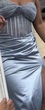 Fashion Nova Blue Satin Embellished Strapless Gown with Slit Beaded