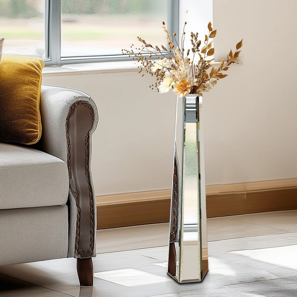 Jarrón de piso espejado de 30" de alto jarrones grandes plateados decorativos para el hogar para flores secas Foto 3 de 4