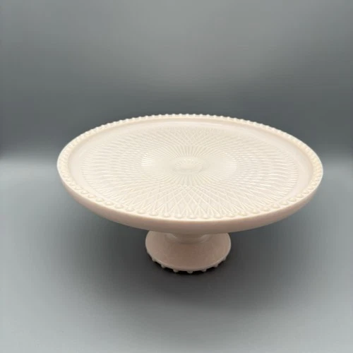Vintage Jeanette Shell Pink Milk Glass cake stand pedestal plate beaded edge 10"