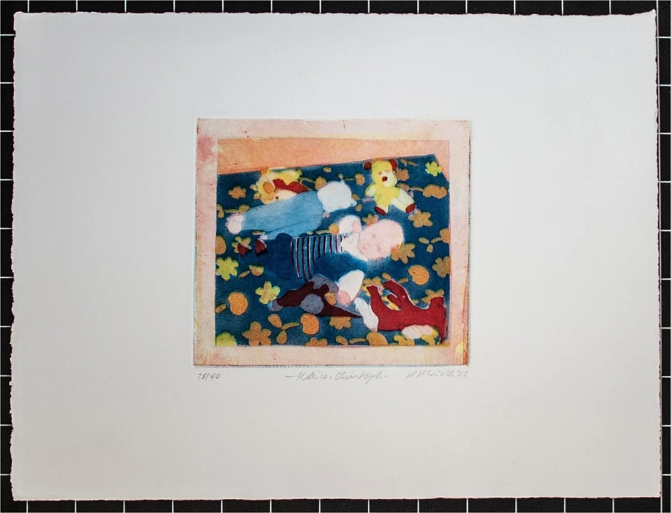 Helga Wirth Kinderporträt Baby Kunst Berlin signiert Farbaquatinta 1977 - Bild 2 von 2