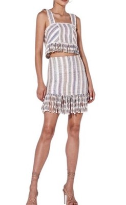 Alexis Vichy Silk Blend Textured Stripe Skirt with Fringe Hem Size S Retail $396