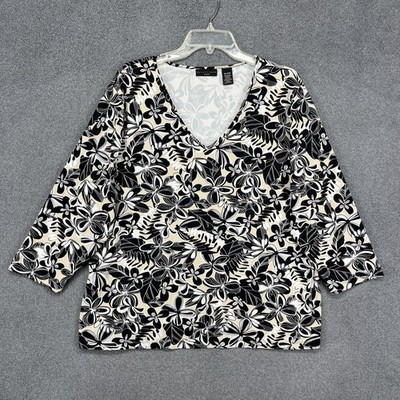 Apostrophe Shirt Womens 20W 22W Black Beige Floral V Neck 3/4 Sleeve Made USA