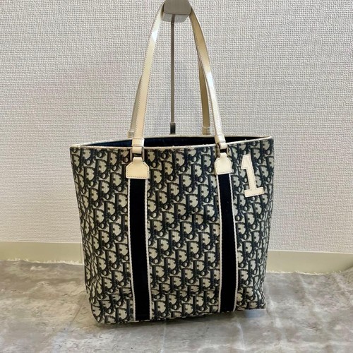 Christian Dior Trotter Tote Bag Black White Canvas Leather Handle 38cm