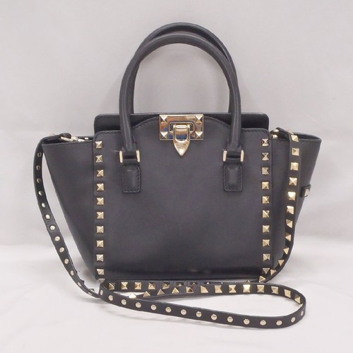 Valentino Garavani Rockstud 2-Way Handbag Shoulder Bag Black Leather Women 30cm
