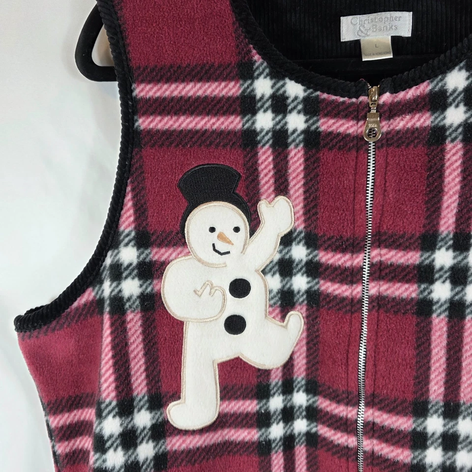 Chaleco polar a cuadros rosa y negro Christopher & Banks talla grande apliques muñeco de nieve Foto 3 de 4