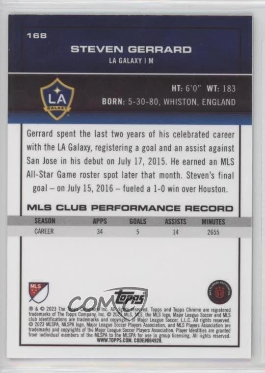 2023 Topps Chrome MLS Flashbacks Gold Mini-Diamond Refractor /50 Steven Gerrard - Image 2 of 2