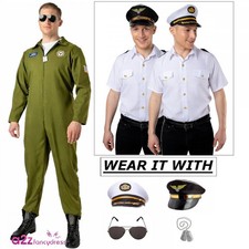 Adult Pilot Captain White Shirt or Aviator Jumpsuit or Hats Stag Do Fancy Dress