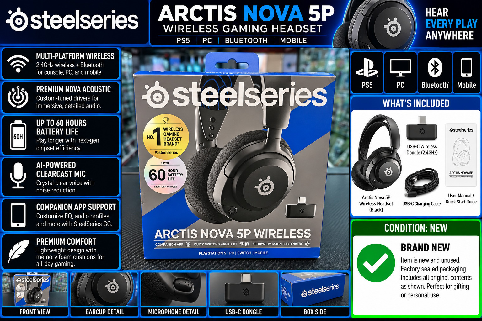 SteelSeries Arctis Nova 5P Wireless Gaming Headset Black PS5 PC Bluetooth New