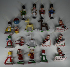 19 Vintage Wooden Christmas Tree Ornaments Taiwan Snowmen Santa Rocking Horse