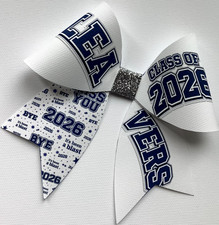 LEAVERS 2026 AZUL MARINO CHEER BOW TELA DE LONA IMPRESA MOÑO TEMPERATURAS PARA HACER LAZOS PARA EL CABELLO