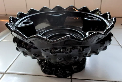 VINTAGE FENTON BLACK GLASS PEDESTAL HOBNAIL CANDLE HOLDER BOWL 6.5" X3.5"