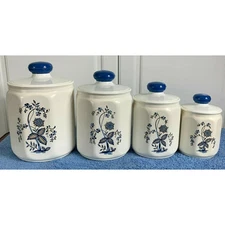 Vintage Kromex Blue White Floral Nesting Aluminum Canister Set