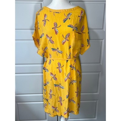 Zara Yellow Dragonfly Print Dress Short Sleeve Casual Summer Belted Medium M