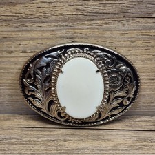 Vintage Western Belt Buckle with White Stone, Silver Toned