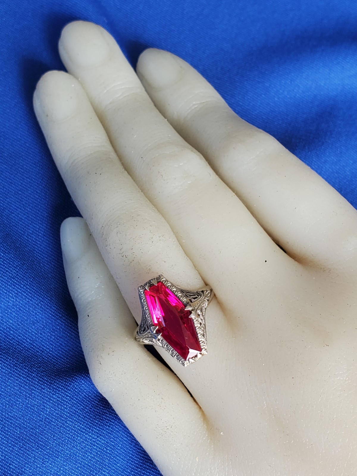 Vintage Deco Ruby Solid 14k White Gold Filigree S… - image 12