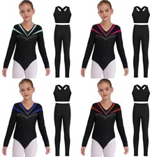 Girls Gymnastics Playwear Set Unitard Outfits Jumpsuit Leotard Biketard V Neck