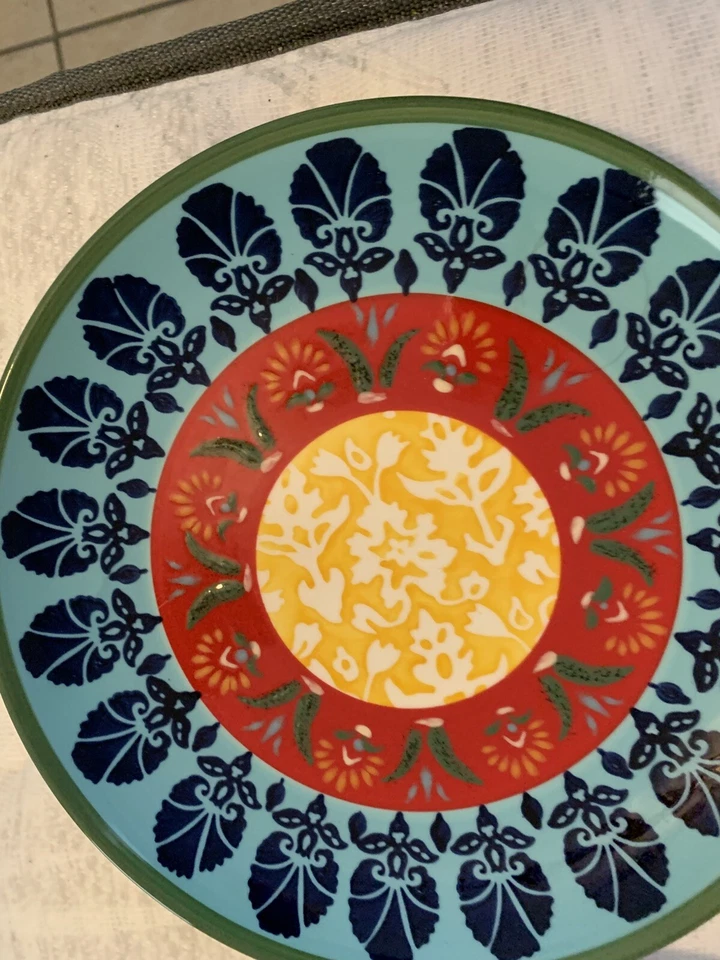 Juego de 4 platos de ensalada Pottery Barn Rosalita verde oscuro turquesa dorado rojo Preppy Foto 3 de 4