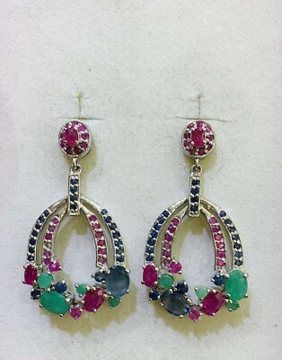 925 Silver Solid Dangle Stud Earrings W/Mixed Stone Sapphire Ruby Emerald14.40GM - Image 1 of 4
