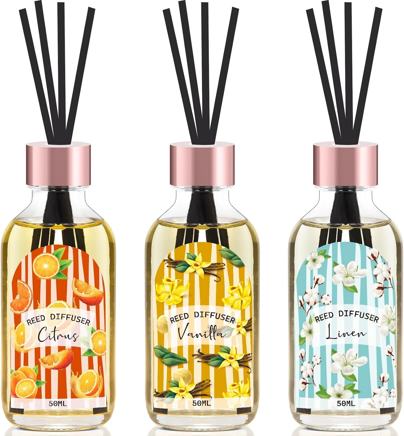 Reed Diffuser Set of 3 Pack, Linen Vanilla Citrus Scented Oil Diffuser with 15 S