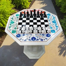 Handcrafted Marble Chess Table with Semi-Precious Stone Inlay Luxury Mosaic art