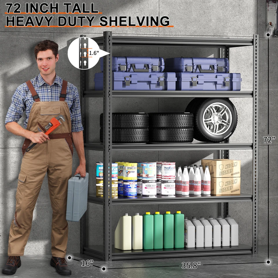 72" Garage Shelving Heavy Duty Storage Shelves Max 1000LBS Garage Shelves 5 Tier - Image 2 of 4